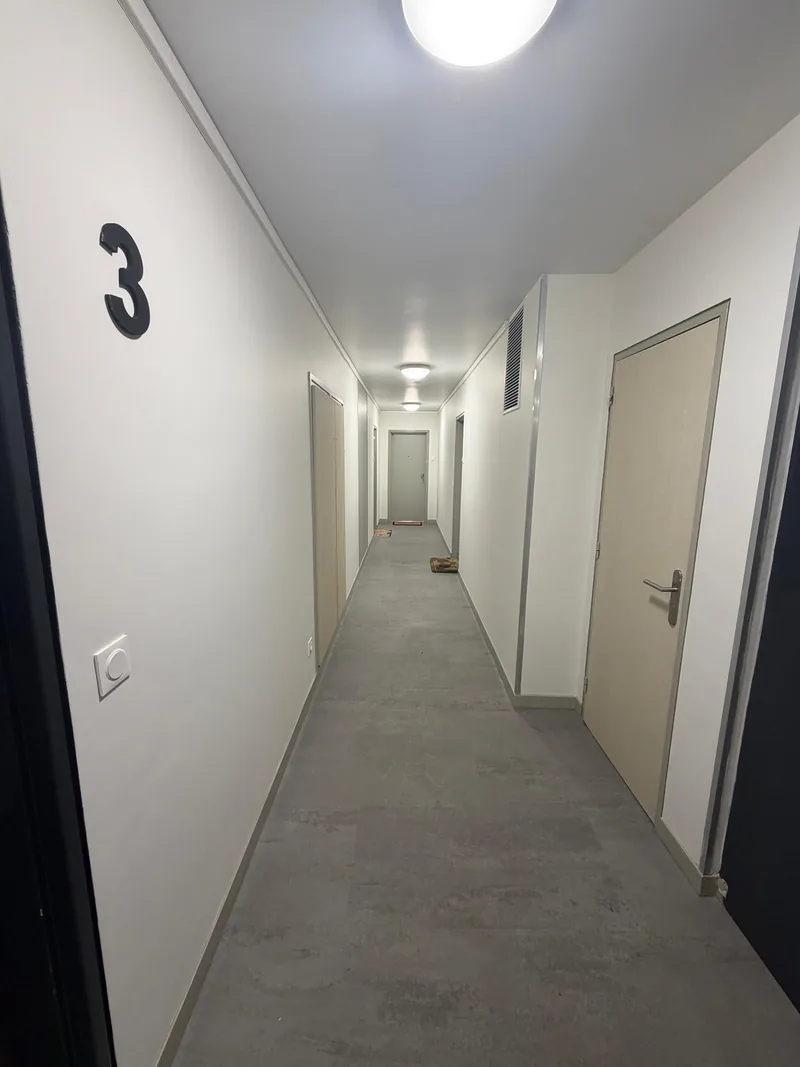 Couloir du 3<sup>e</sup> &eacute;tage, portes pali&egrave;res et plinthes reprises, chantier SFG B&acirc;ti Concept