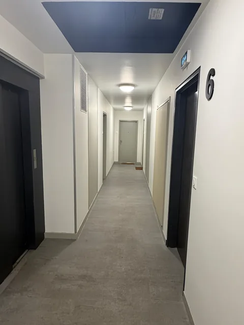 Couloir du 6 &eacute;tage r&eacute;nov&eacute;&nbsp;: murs et plafond peints, sol souple gris et num&eacute;ro d&rsquo;&eacute;tage peint en grand