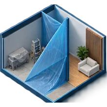 Logement séparé en deux par une bâche de protection