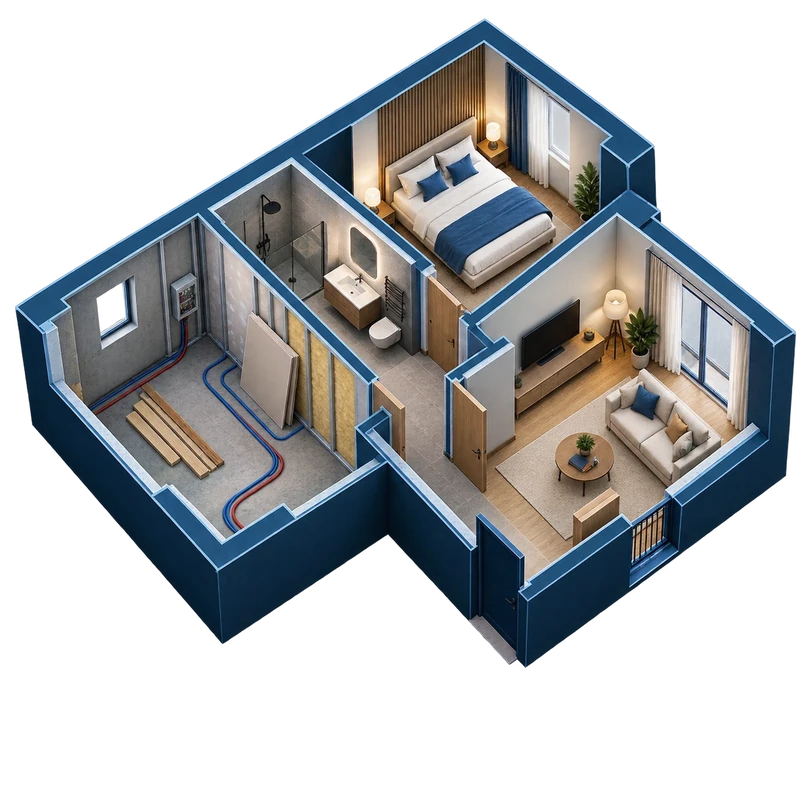 Coupe d'un appartement en rénovation : une pièce brute, deux pièces finies