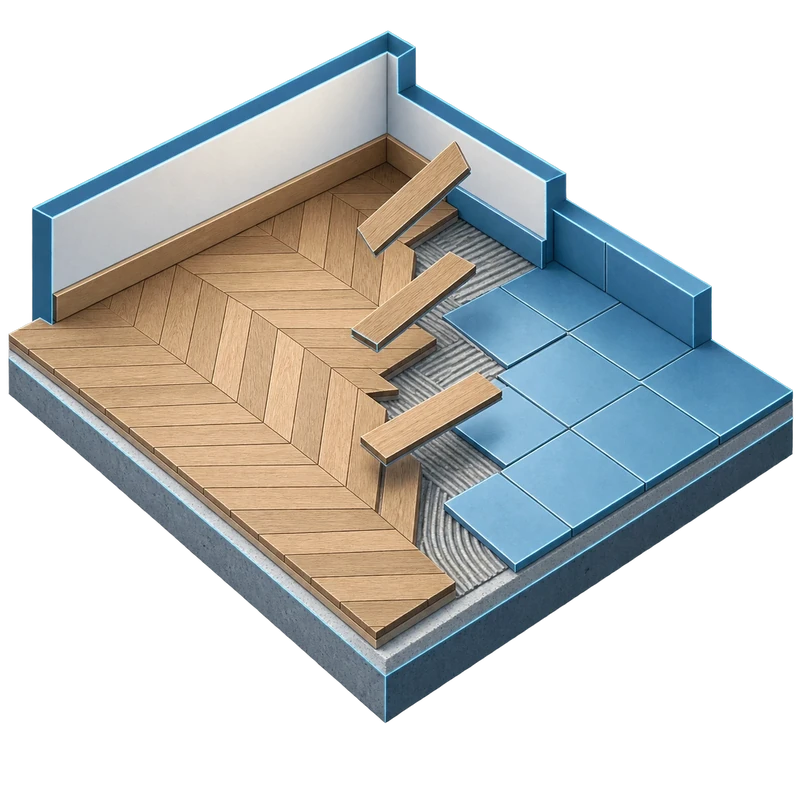 Coupe d'un sol en cours de pose : parquet en point de Hongrie et carrelage